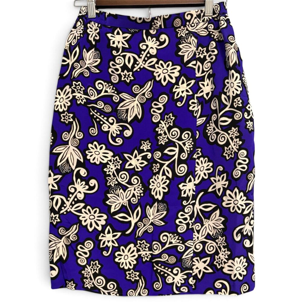Diane von Furstenberg DVF Silk Vintage Faux Wrap Pencil Skirt S Purple Black